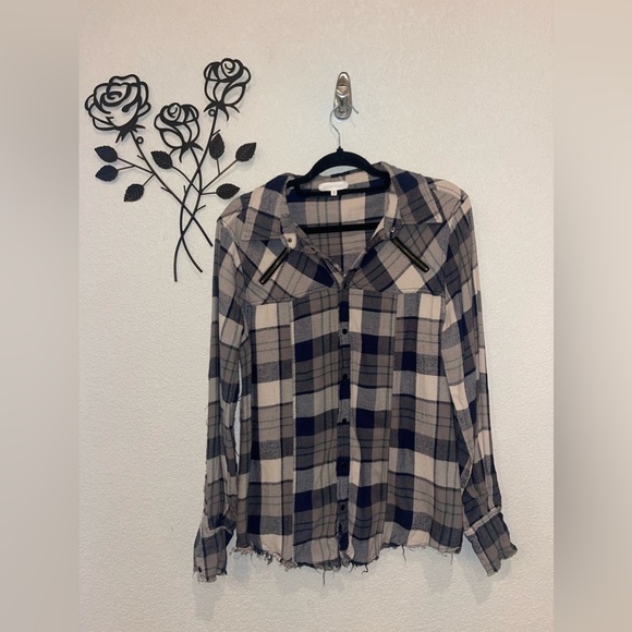 GILDED Intent By Buckle Brown Green Blue Flannel Raw Edge Snap Up Size Medium - Picture 1 of 13